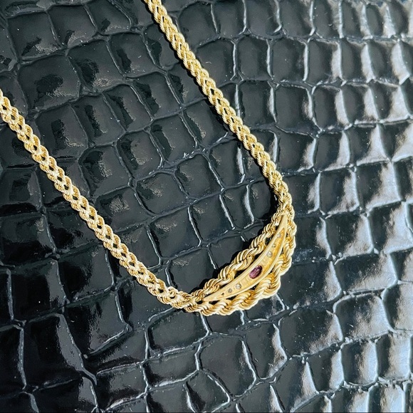 ESTATE 14K GOLD RUBY NECKLACE W/ DIAMONDS DOUBLE ROPE CHAIN - Picture 6 of 11